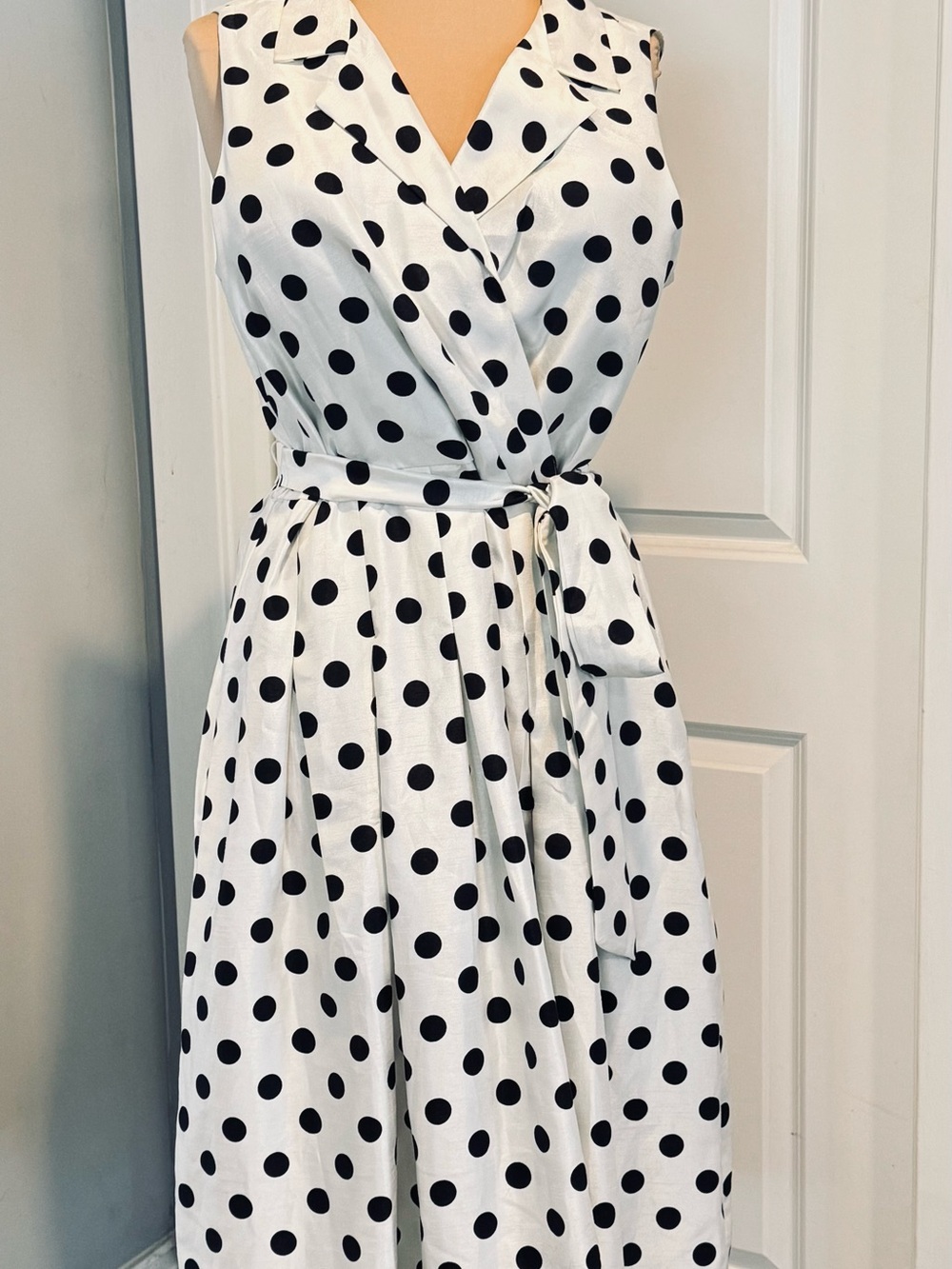 Jessica Howard Black White Polka Dot Faux Wrap Sleeveless Mid Fit Flare Dress 18 - Picture 4 of 12